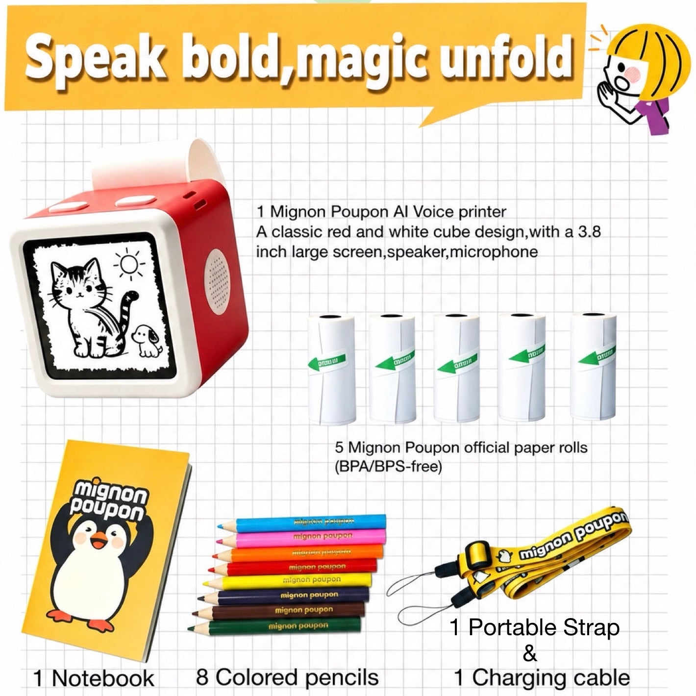 Mignon Poupon AI Voice Printer bundle contents